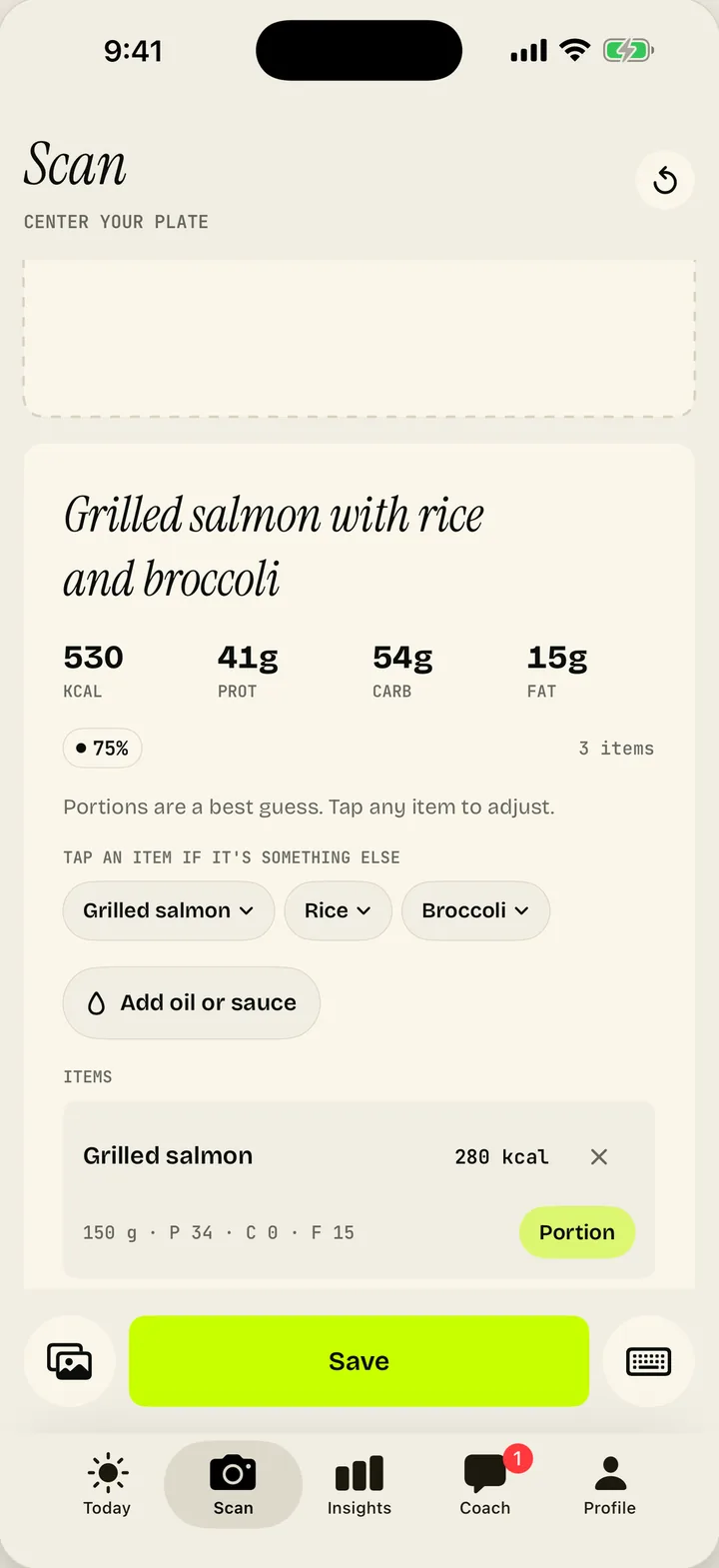 SnapMacro scan result screen with calories and macros for a meal